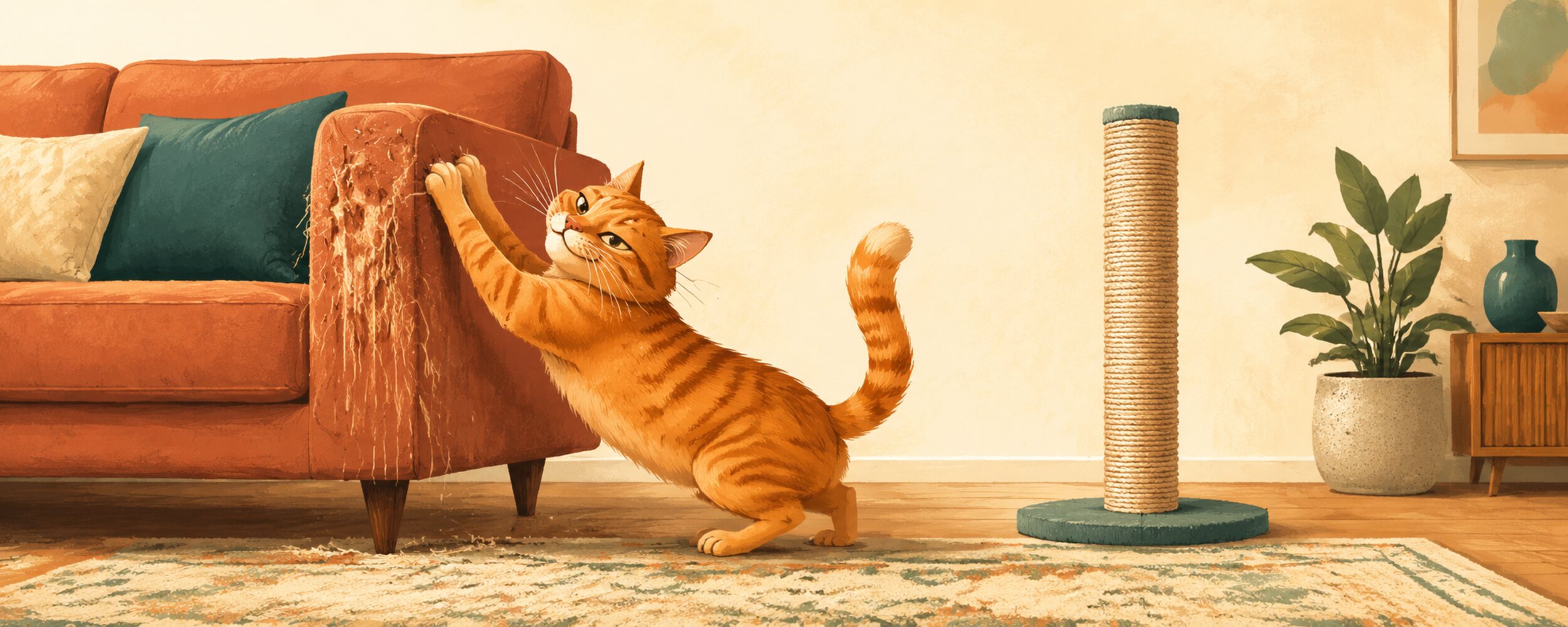 An orange tabby scratches a terracotta couch while ignoring a nearby scratching post