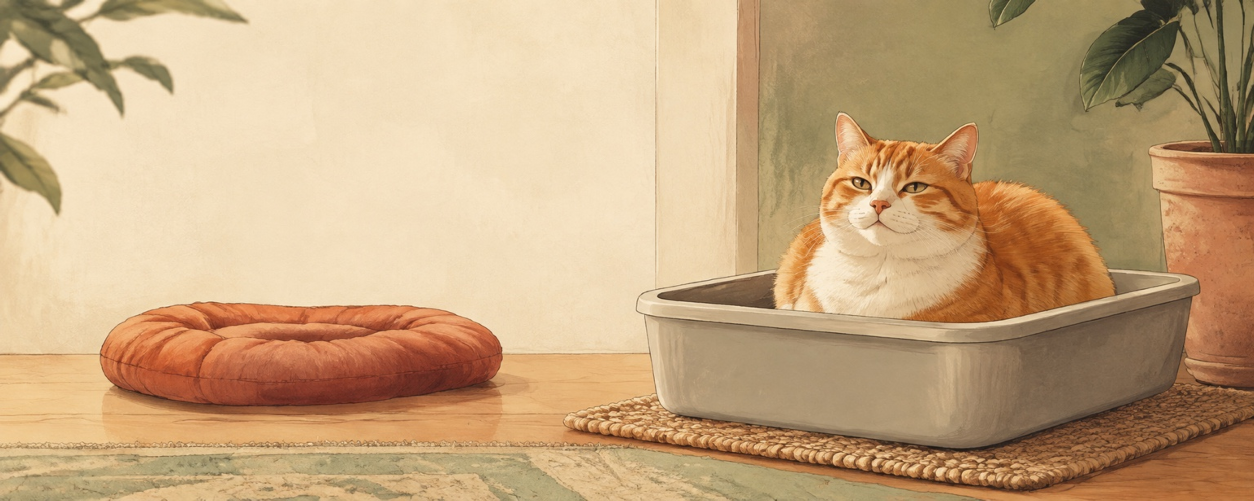 An illustrated orange-and-white cat resting in a clean litter box beside an unused cat bed
