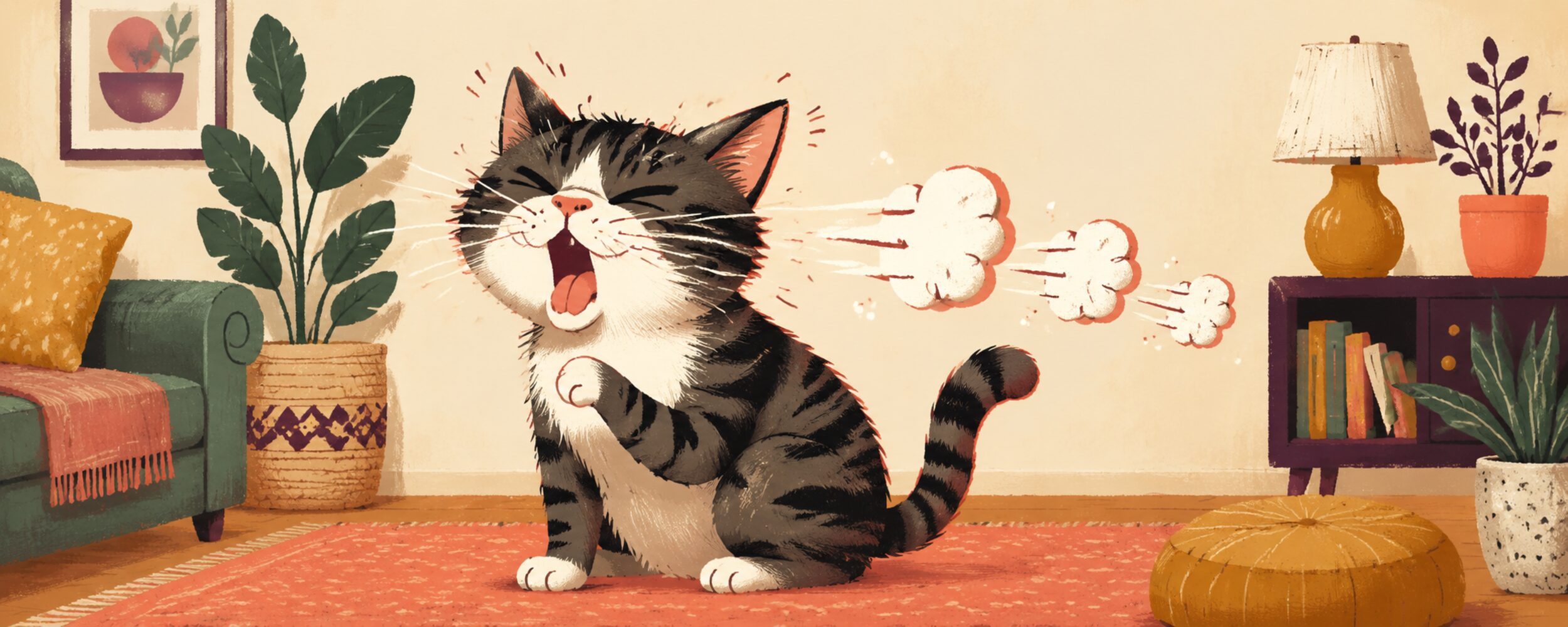 A cartoon tabby cat caught in a dramatic repeated sneeze with playful puffs trailing behind