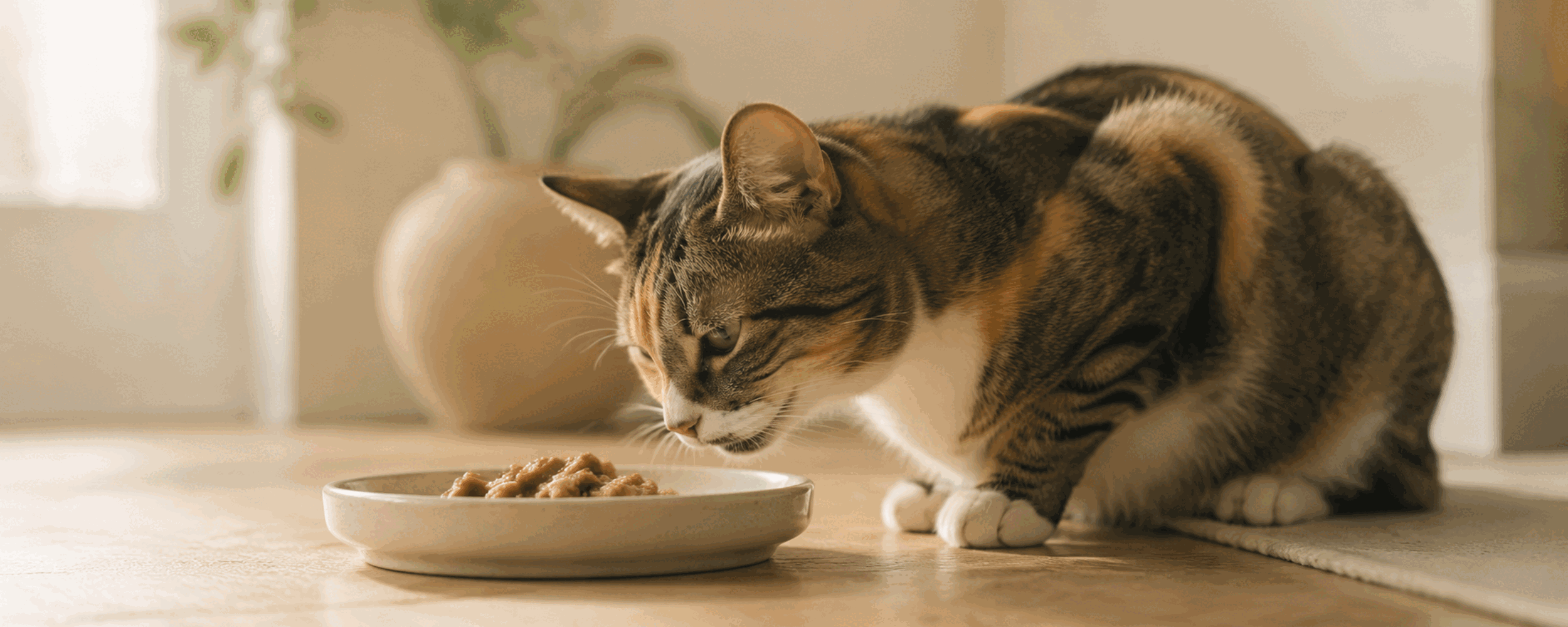 A cat pausing to sniff a shallow dish of food