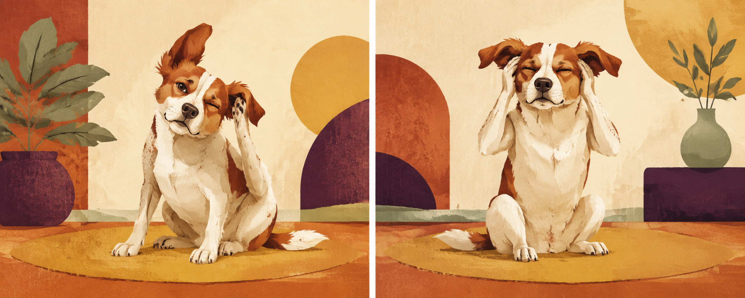 An illustrated diptych showing the same dog reacting to one ear and then both ears