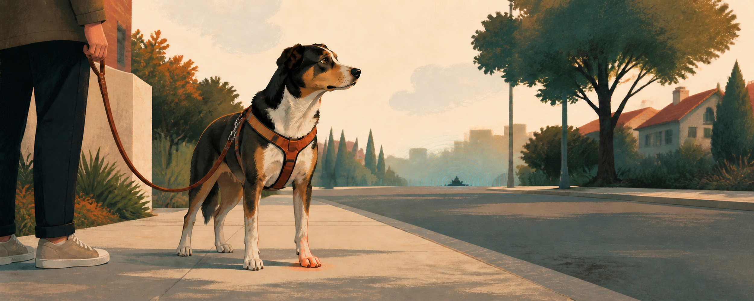 A dog pausing on a walk while its owner holds a loose leash