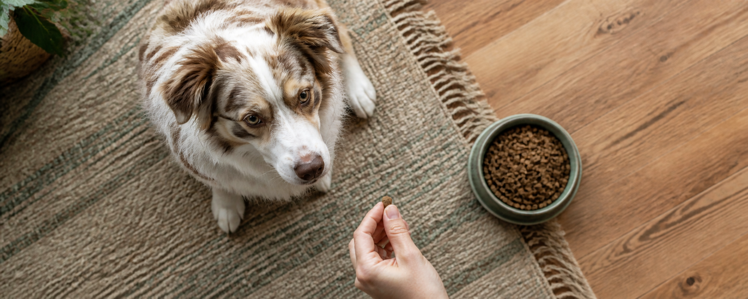An overhead view of a dog ignoring a full food bowl while watching a single treat held nearby