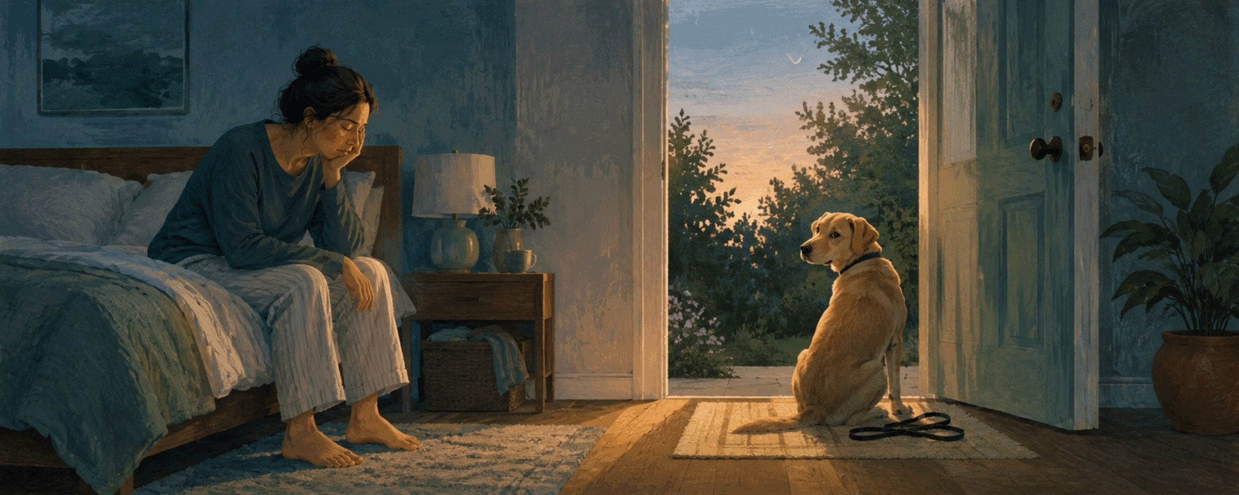 A sleepy owner sits on the edge of a bed while a dog waits by an open door at dawn.